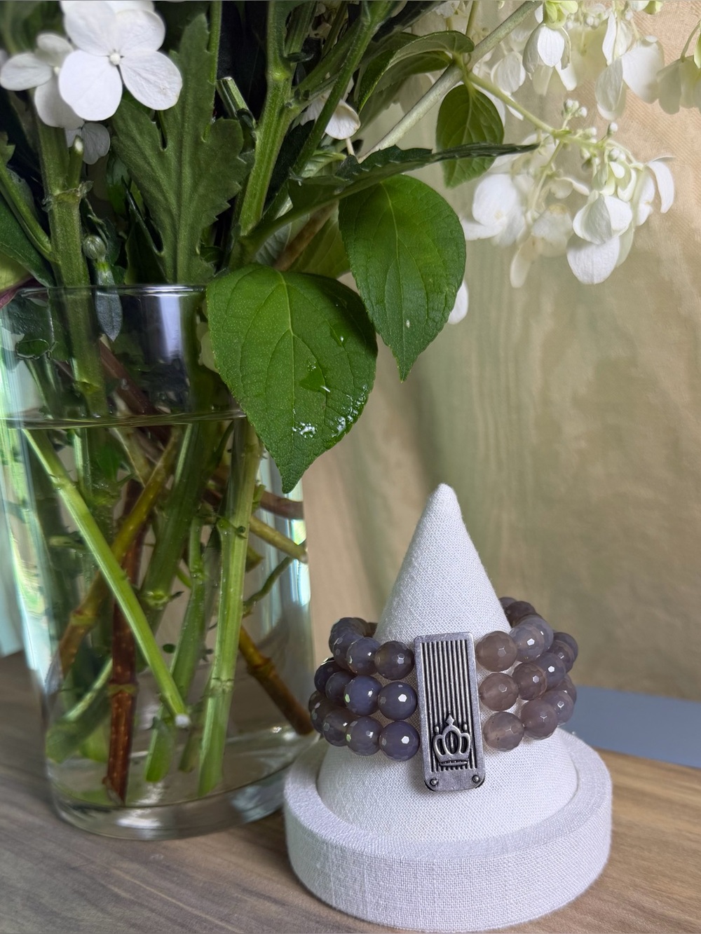 French Kande, FKLA, triple strand grey agate bead cuff bracelet